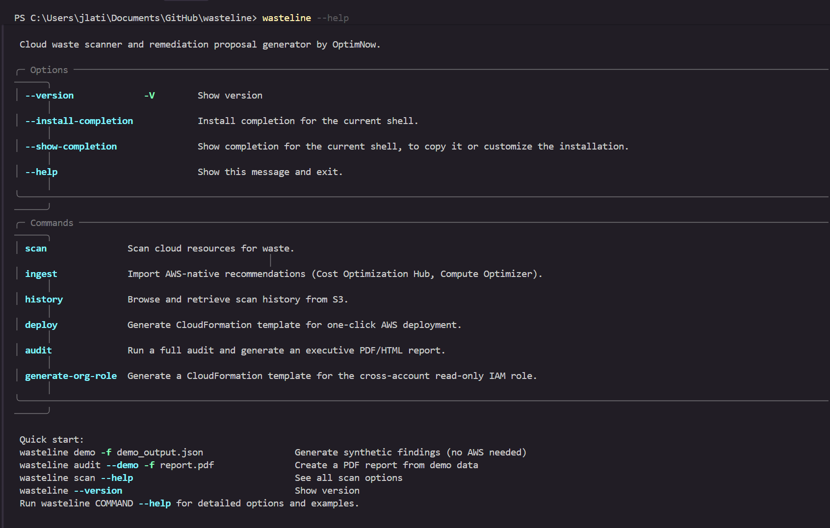 WasteLine CLI showing scan, ingest, history, deploy, audit, and generate-org-role commands