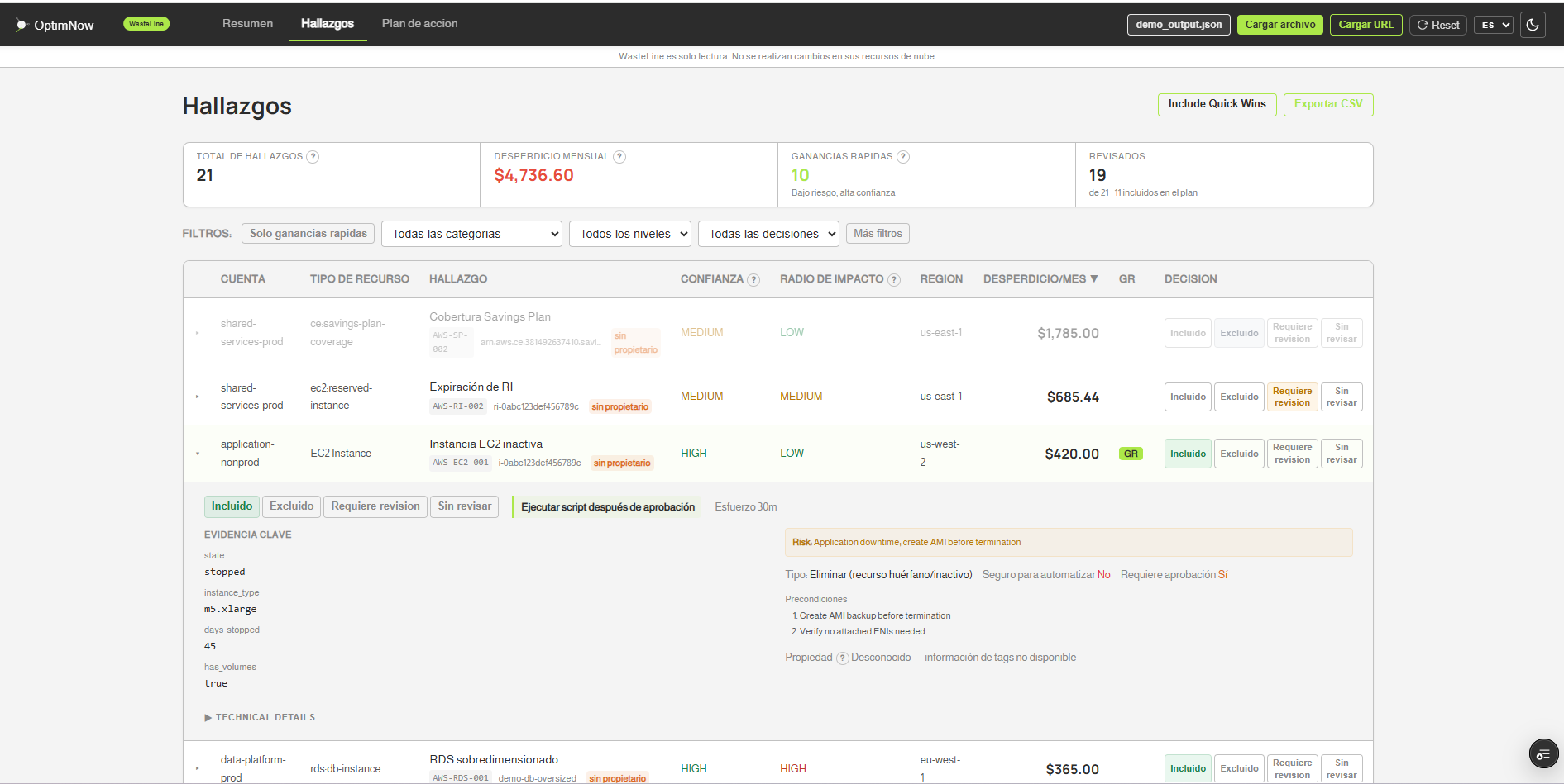 Panel de resultados de WasteLine que lista recursos con desperdicio por categoria, nivel de confianza, impacto en costos y alcance del impacto. Ordenable y filtrable.
